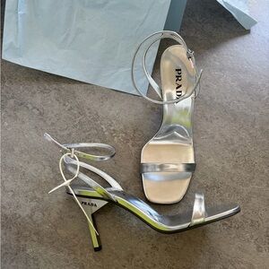 Prada Metallic Silver Strappy Heels
